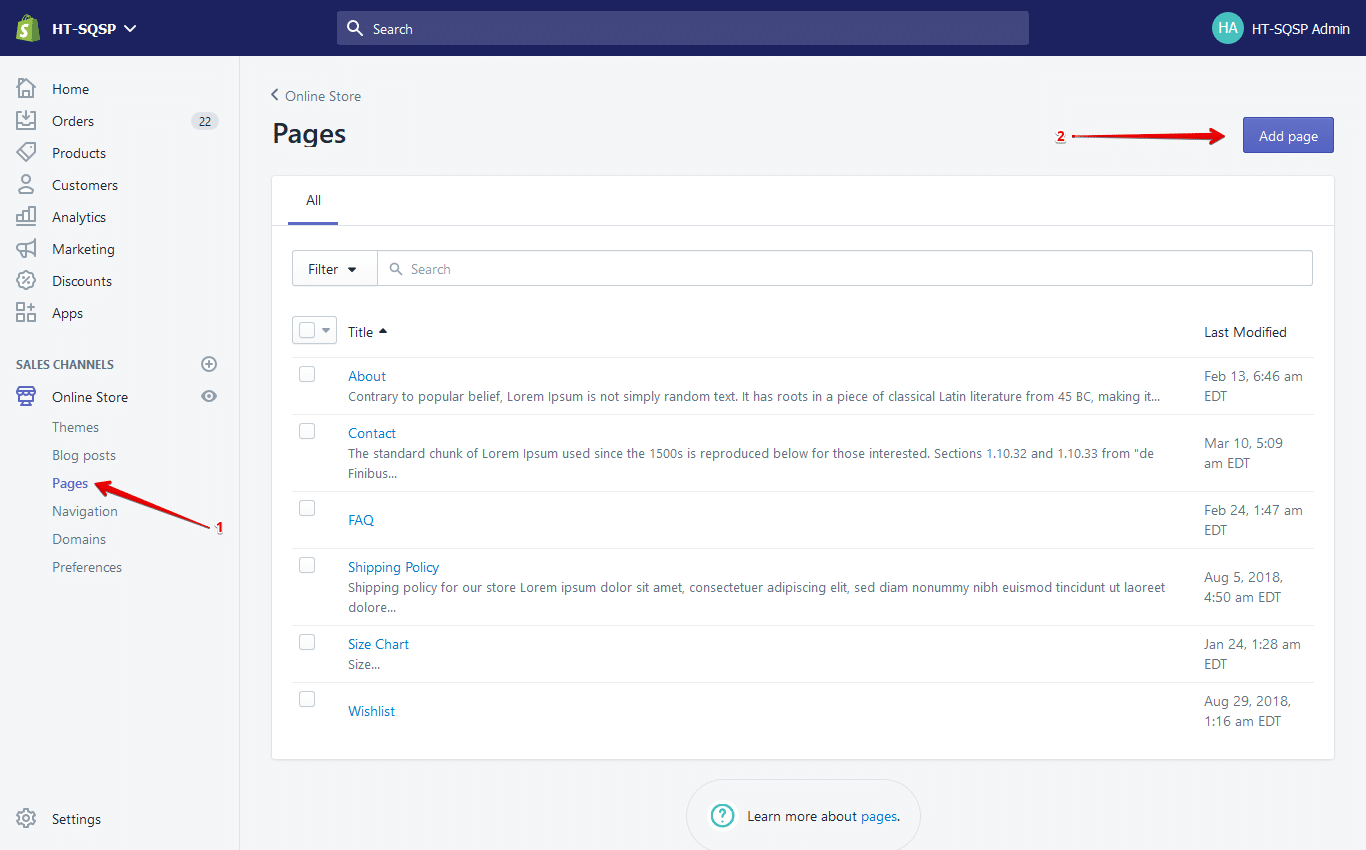 shopify create page